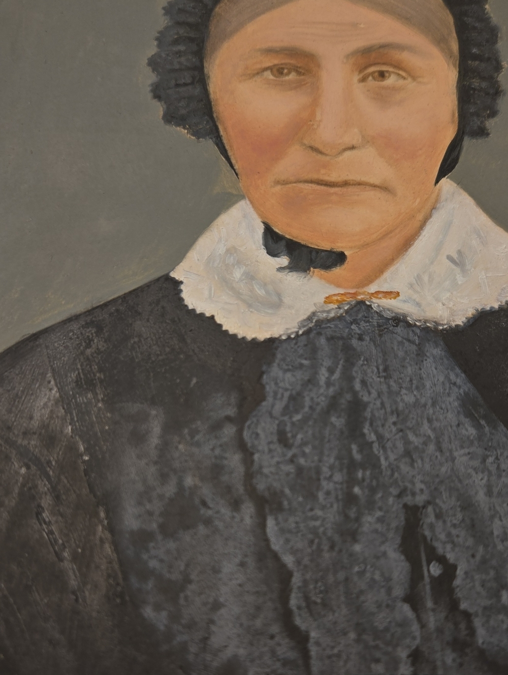 Antique Folk Portrait Painting of Woman in Black Bonnet - Picture 4 of 6